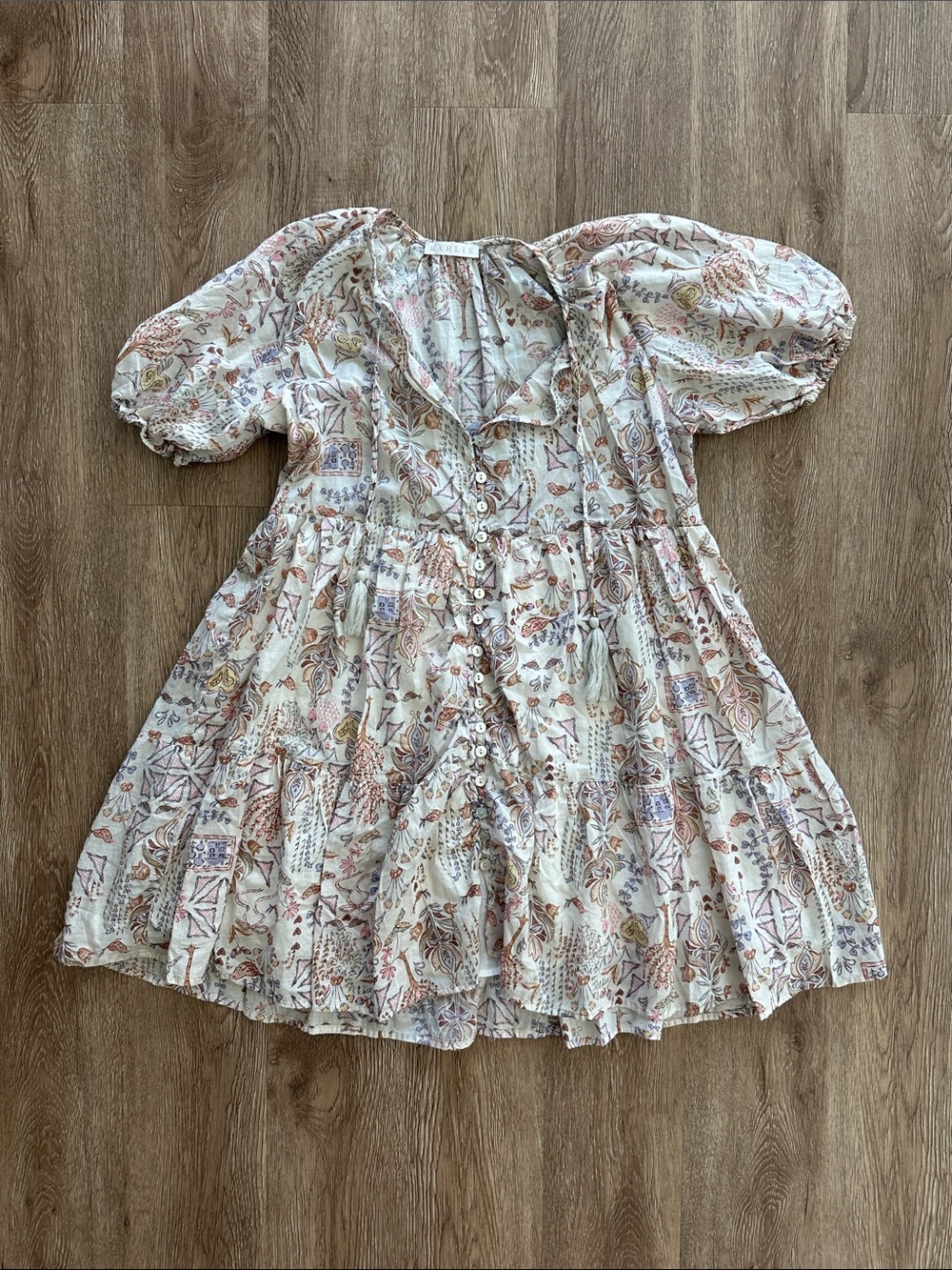 Karlie Cream Puff Sleeve Mini Dress Boho Print Small Babydoll Tiered